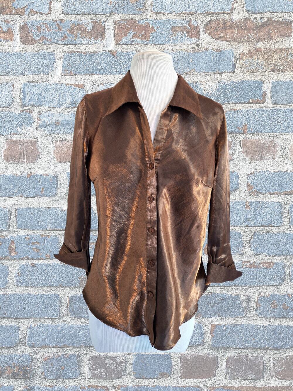 Blue Diamond Ladies Shiny Bronze Colored Button-Down Top Size Medium